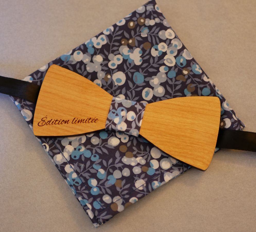 Wooden bow tie set Liberty pouch L13 blue tones