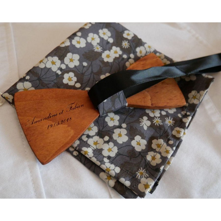 Wooden Bow Tie Set Grey Liberty Clutch L8 Gift for Men