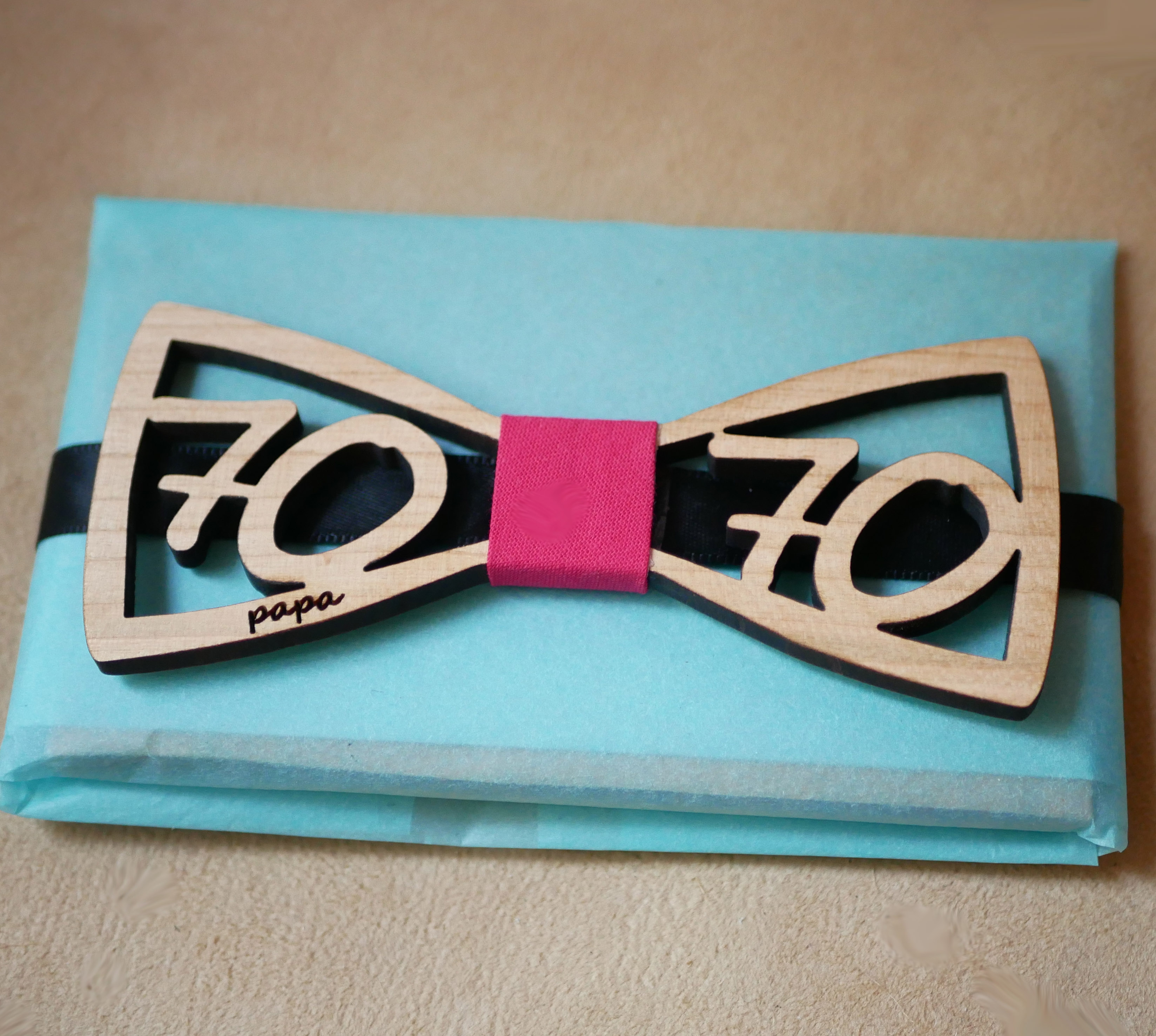 Wooden bow tie with openwork birthday numbers to personalize