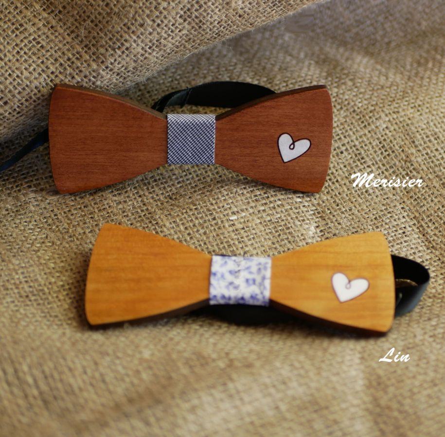 Wooden bow tie with engraved heart painted to be personalized made in France