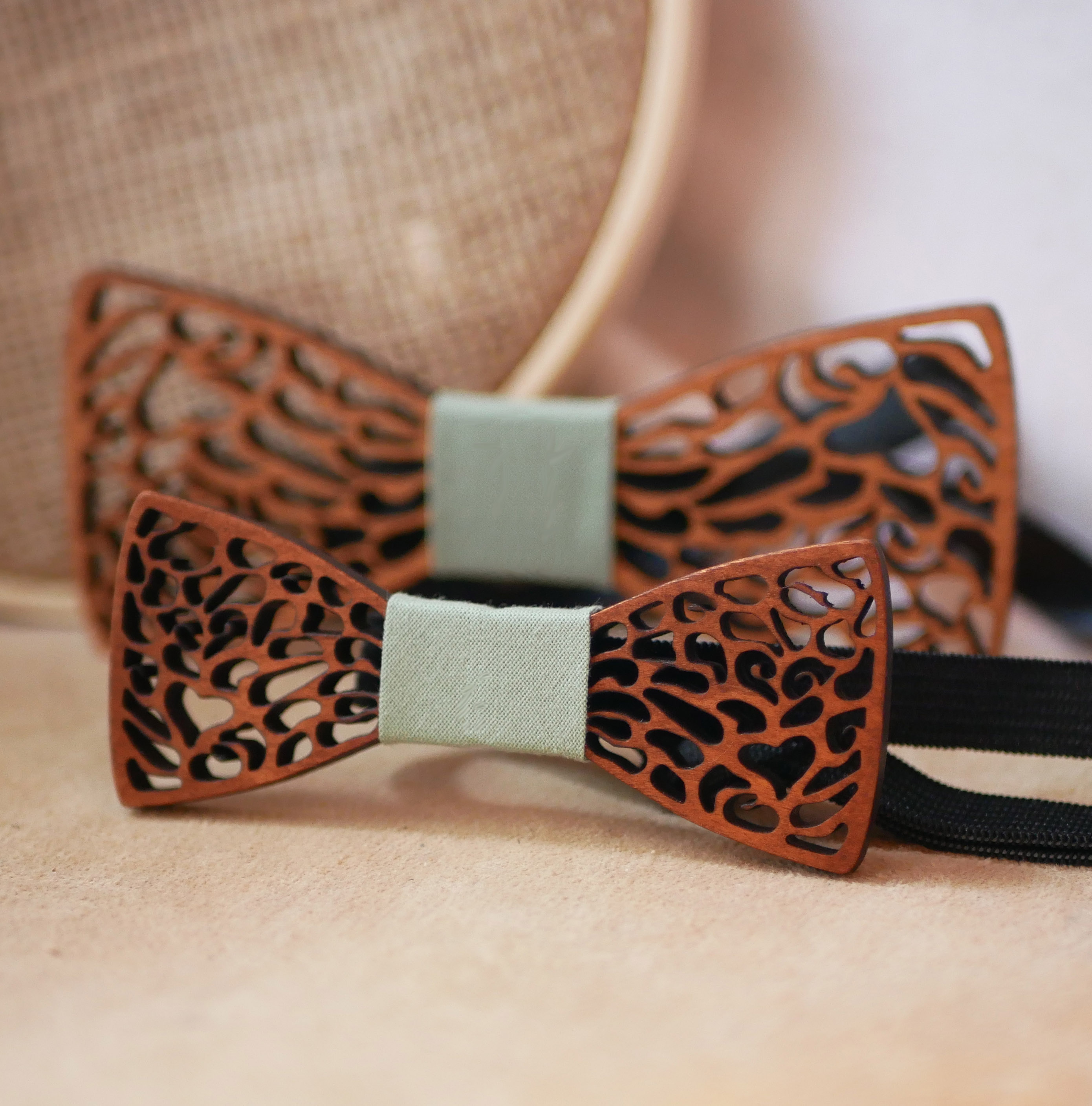 Fine lace wood bow tie with hidden heart