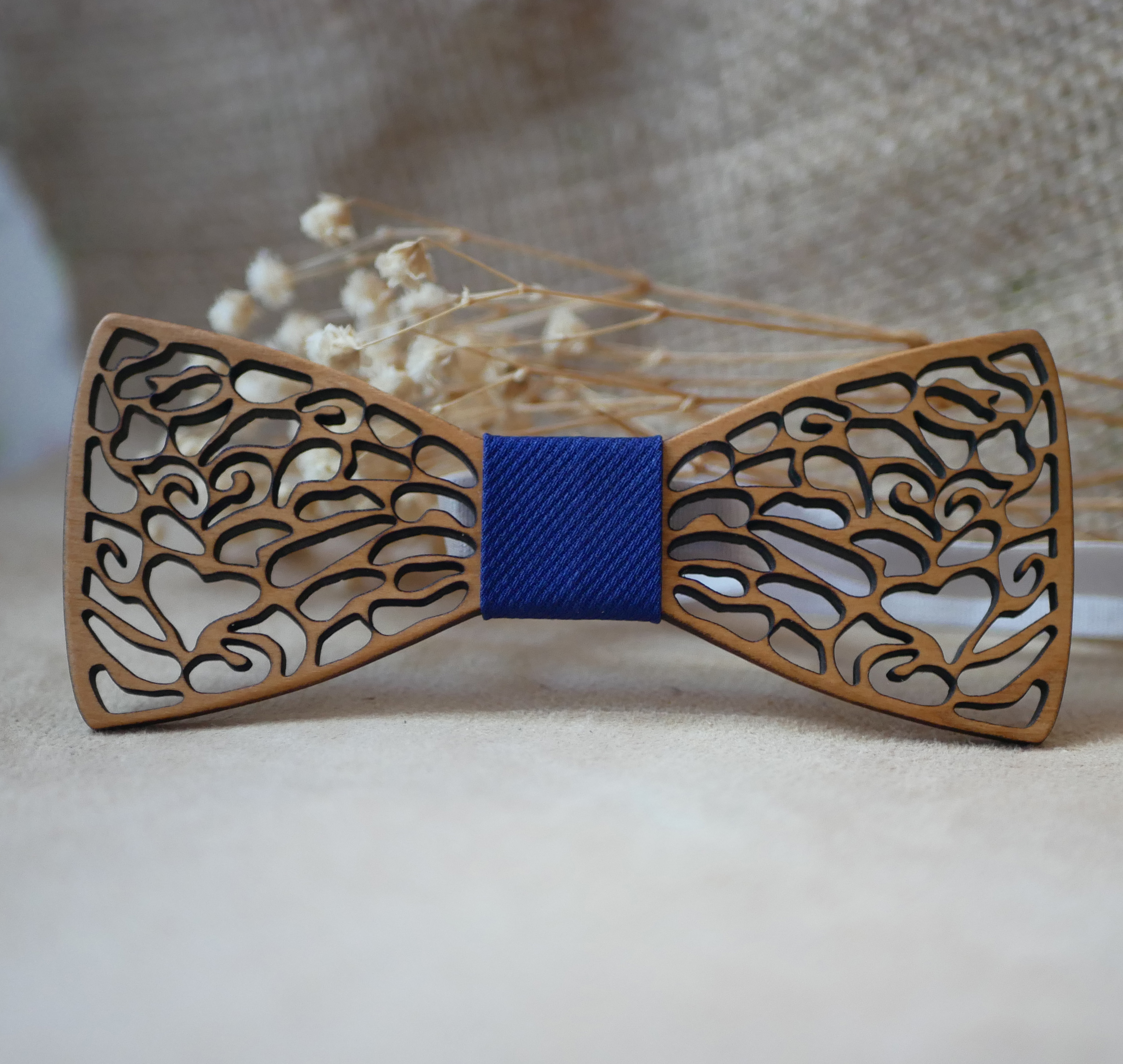 Fine lace wood bow tie with hidden heart