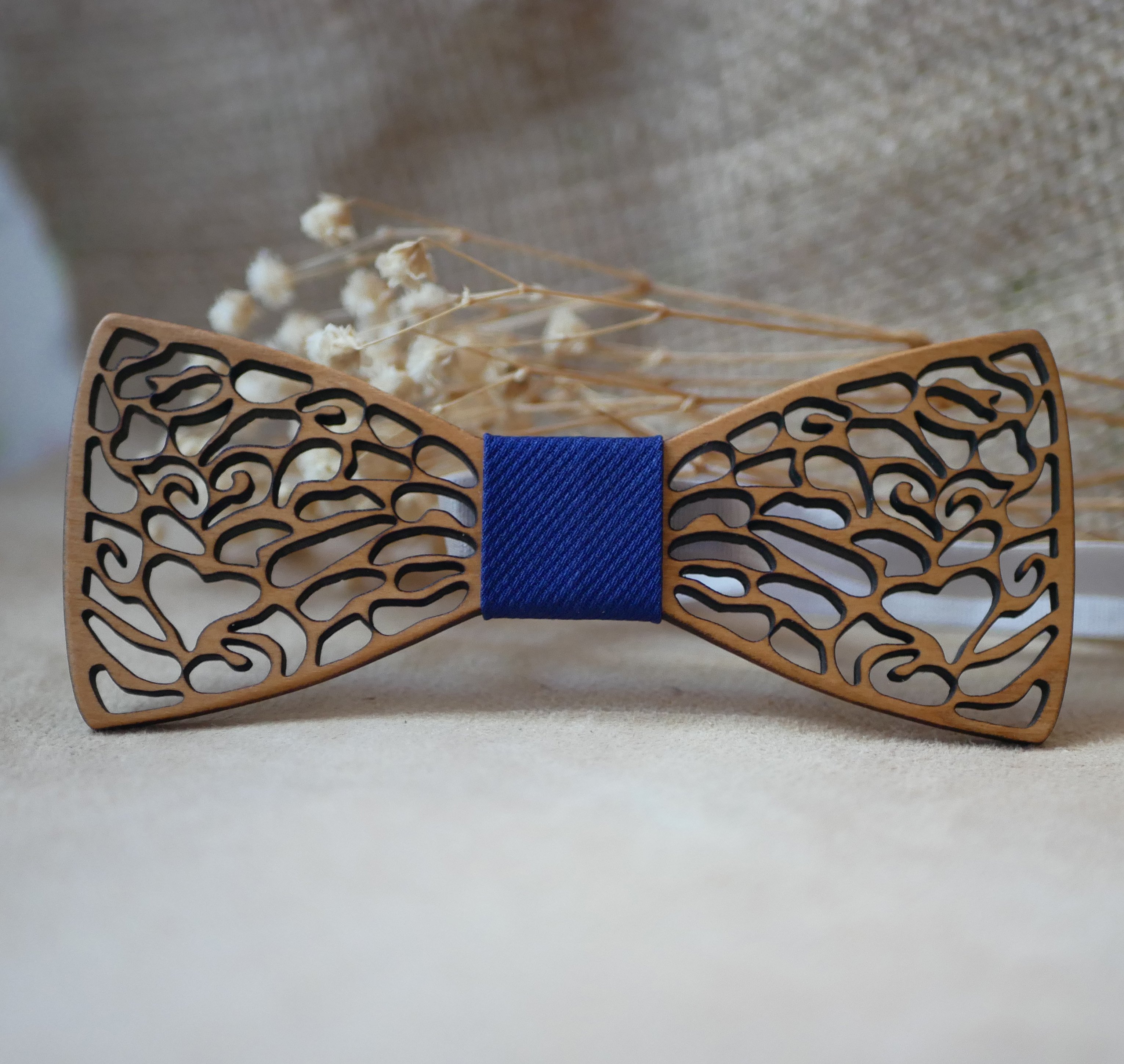 Fine lace wood bow tie with hidden heart