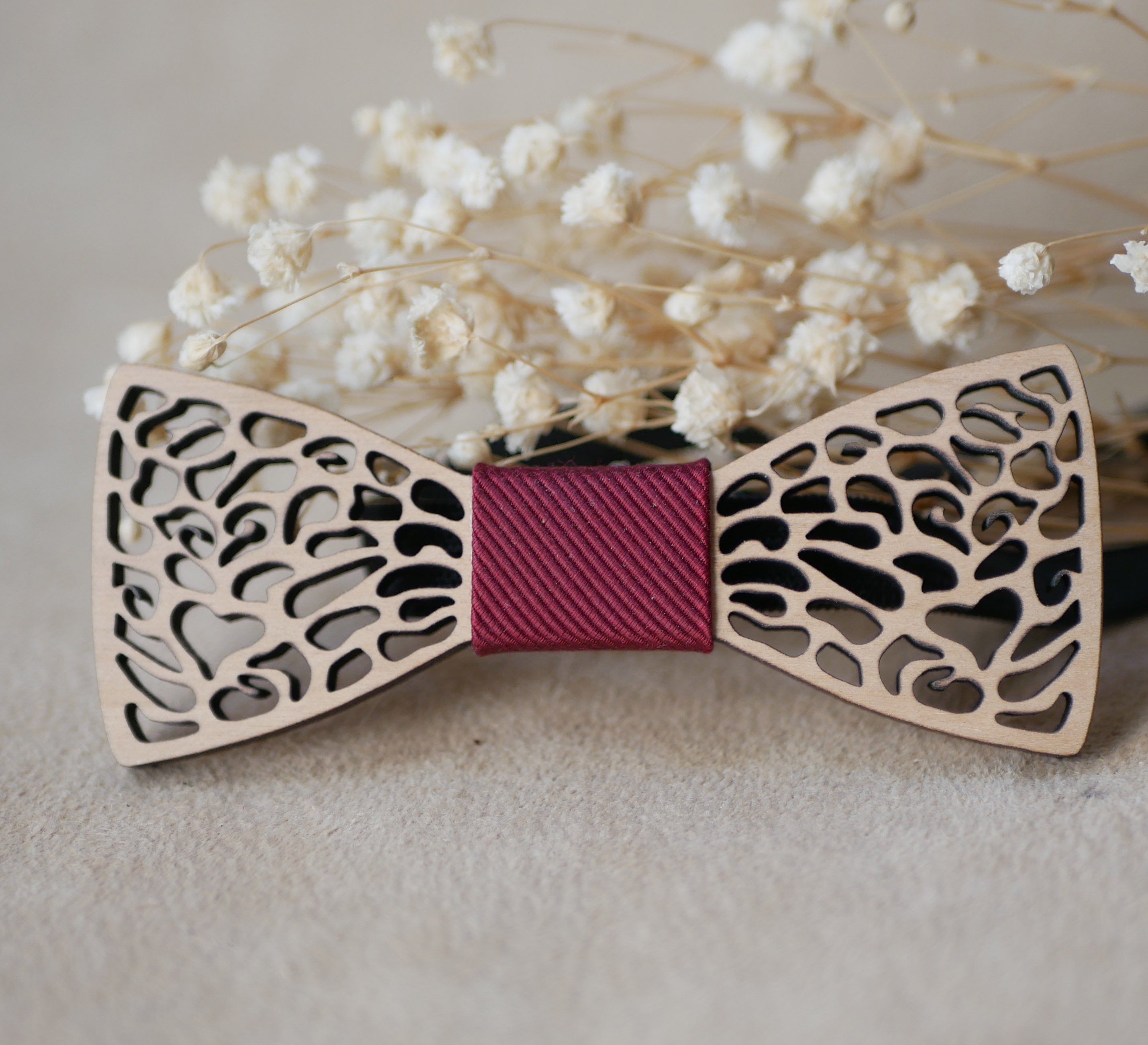 Fine lace wood bow tie with hidden heart