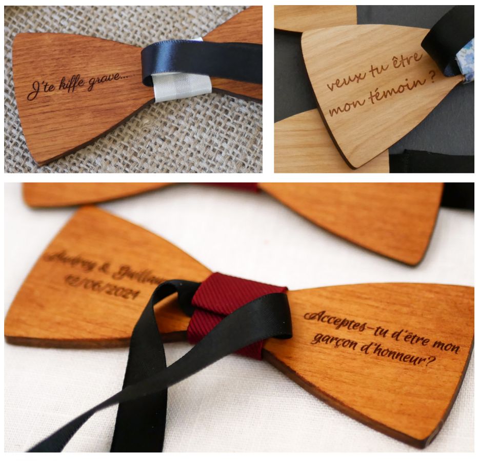 Wooden bow tie with engraved design of your choice made in France