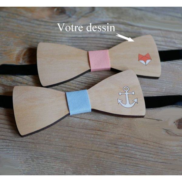 Wooden bow tie, customizable design, engraved and painted, made in France