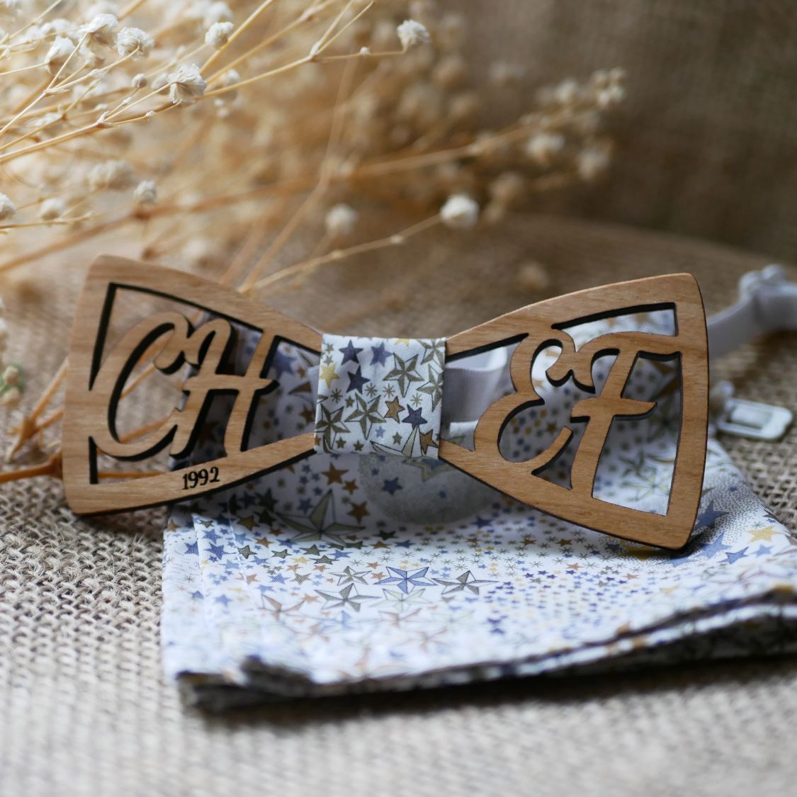 Personalized double openwork initials wooden bow tie