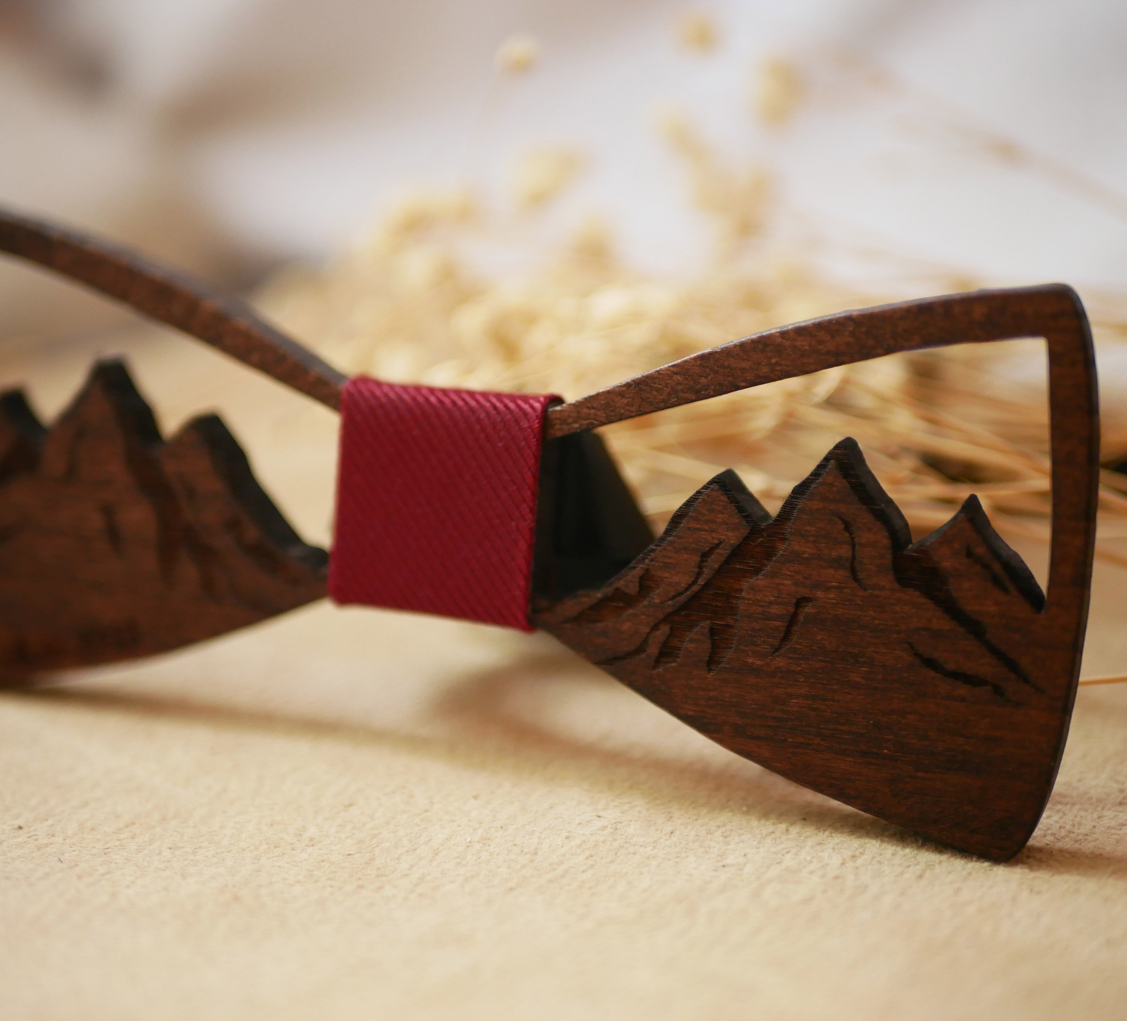 French wooden bow tie decorated with openwork mountains 