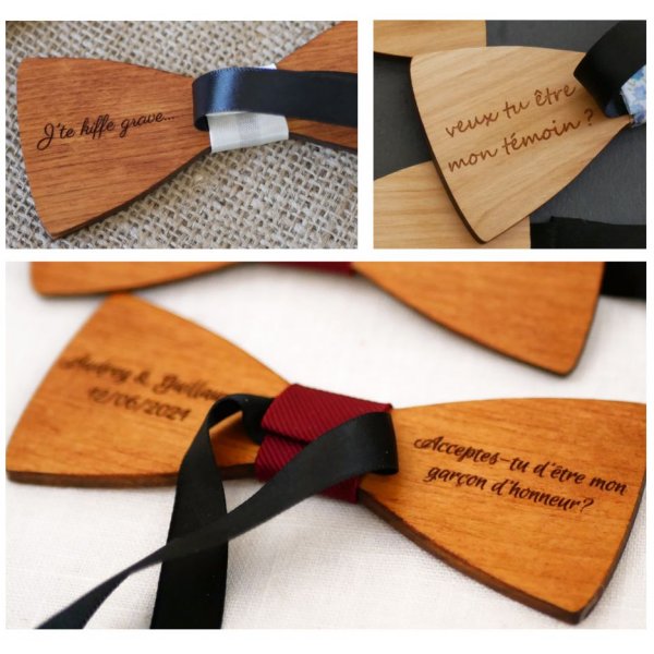 Wooden bow tie engraved with large flowers 