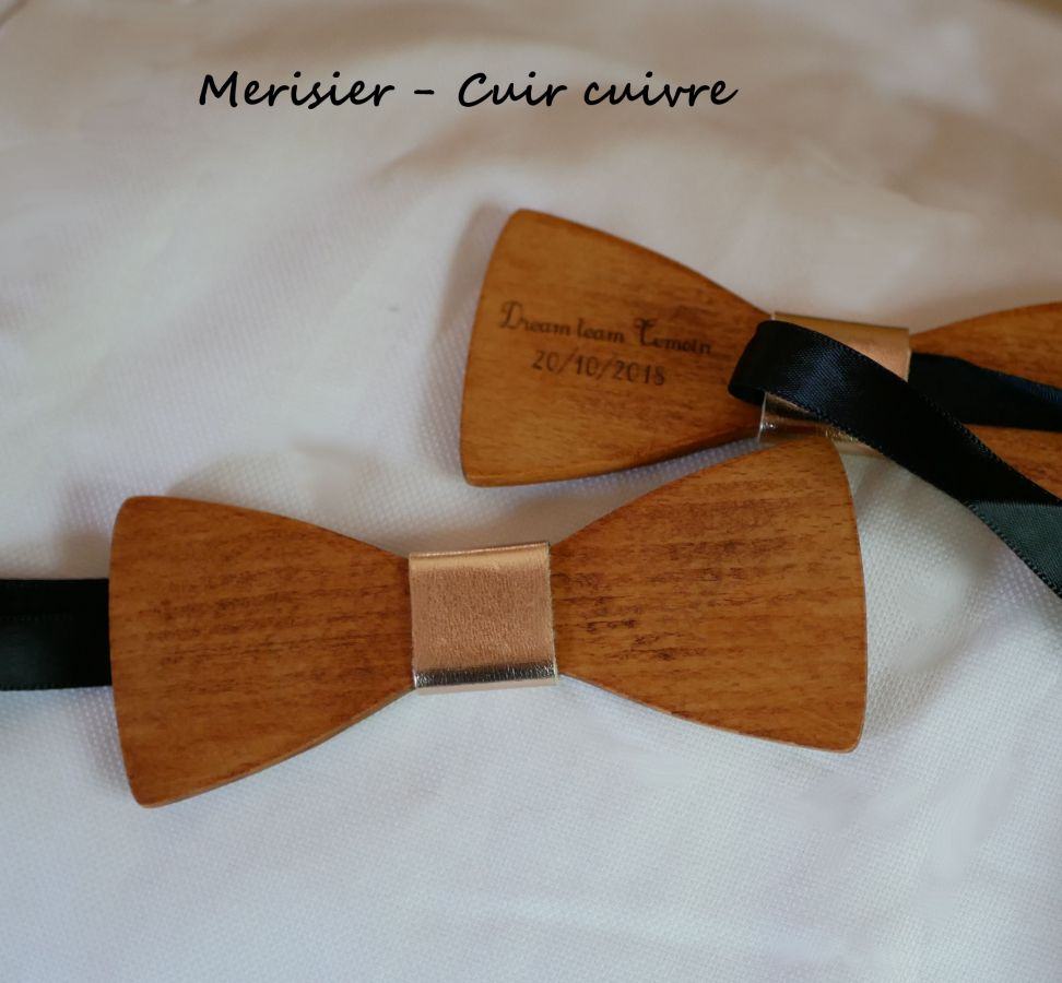 Wooden bow tie Beechwood metallic leather ribbon to be personalized by engraving