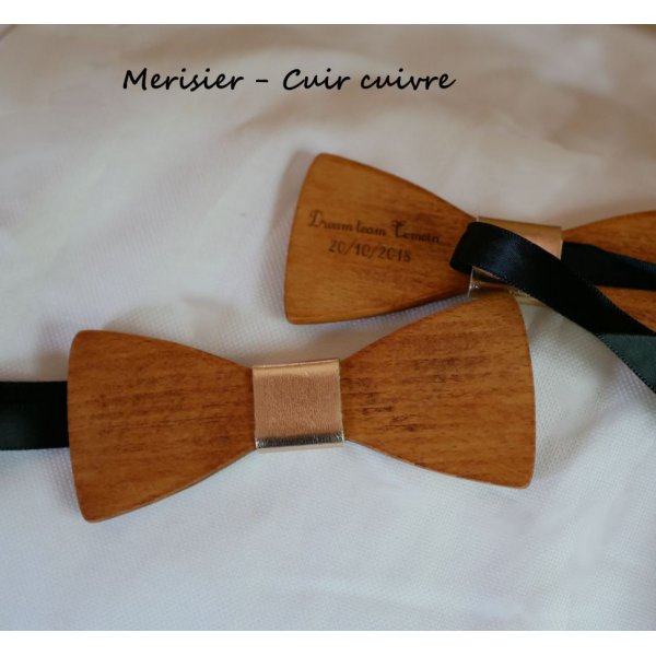 Wooden bow tie Beechwood metallic leather ribbon to be personalized by engraving