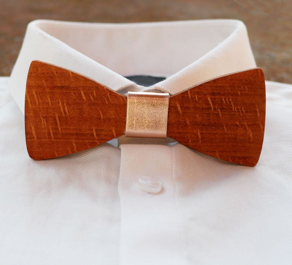 Wooden bow tie Beechwood metallic leather ribbon to be personalized by engraving