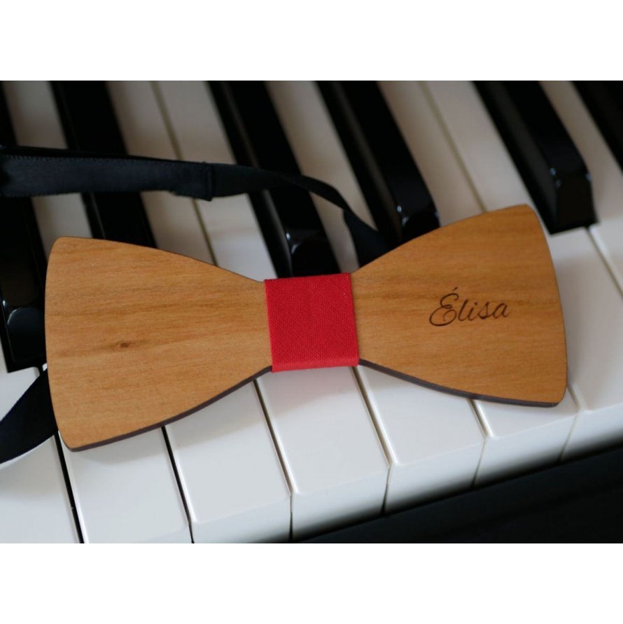 Wooden bow tie cherry wood oiled linen to be personalized made in France