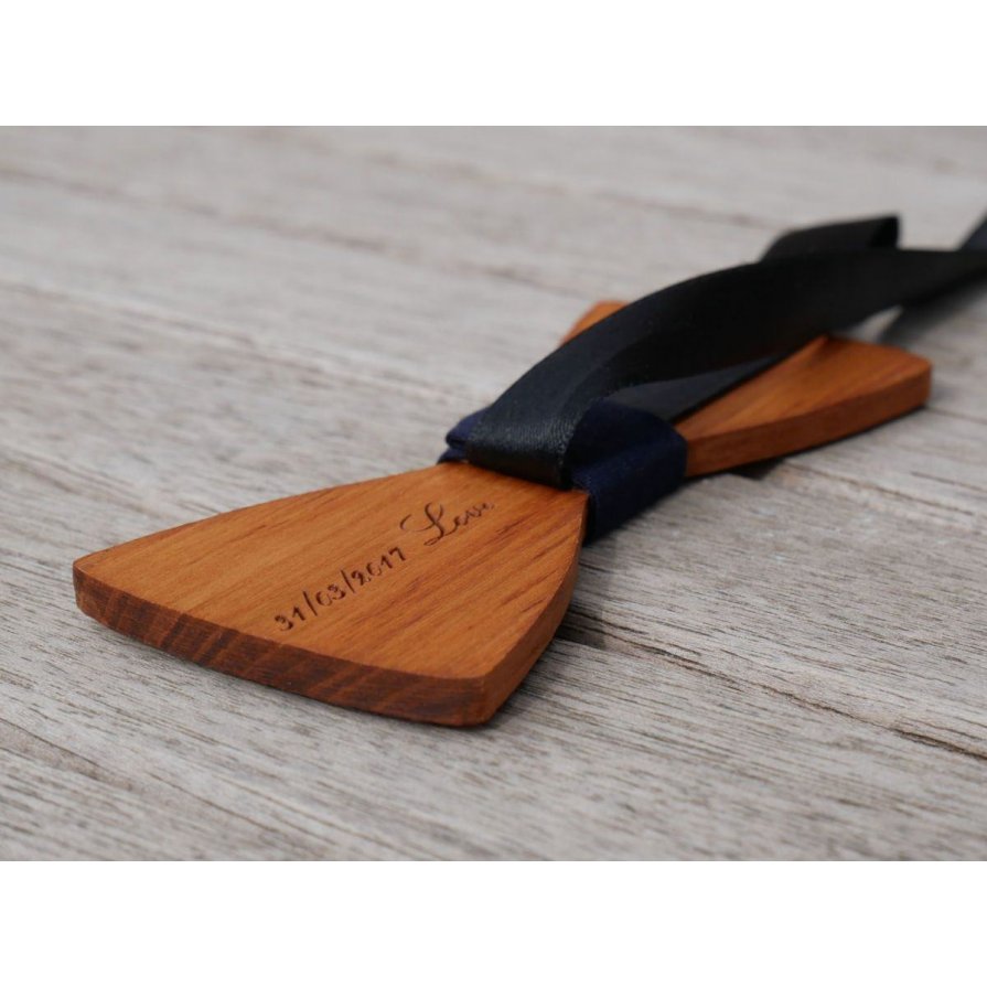 Wooden bow tie Beechwood metallic leather ribbon to be personalized by engraving