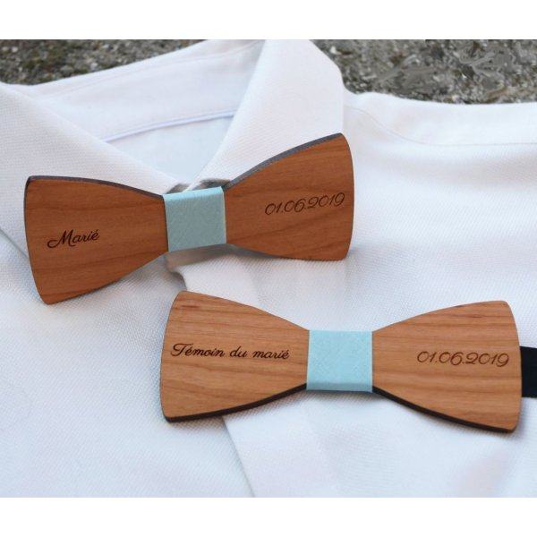 Wooden bow tie cherry wood oiled linen to be personalized made in France