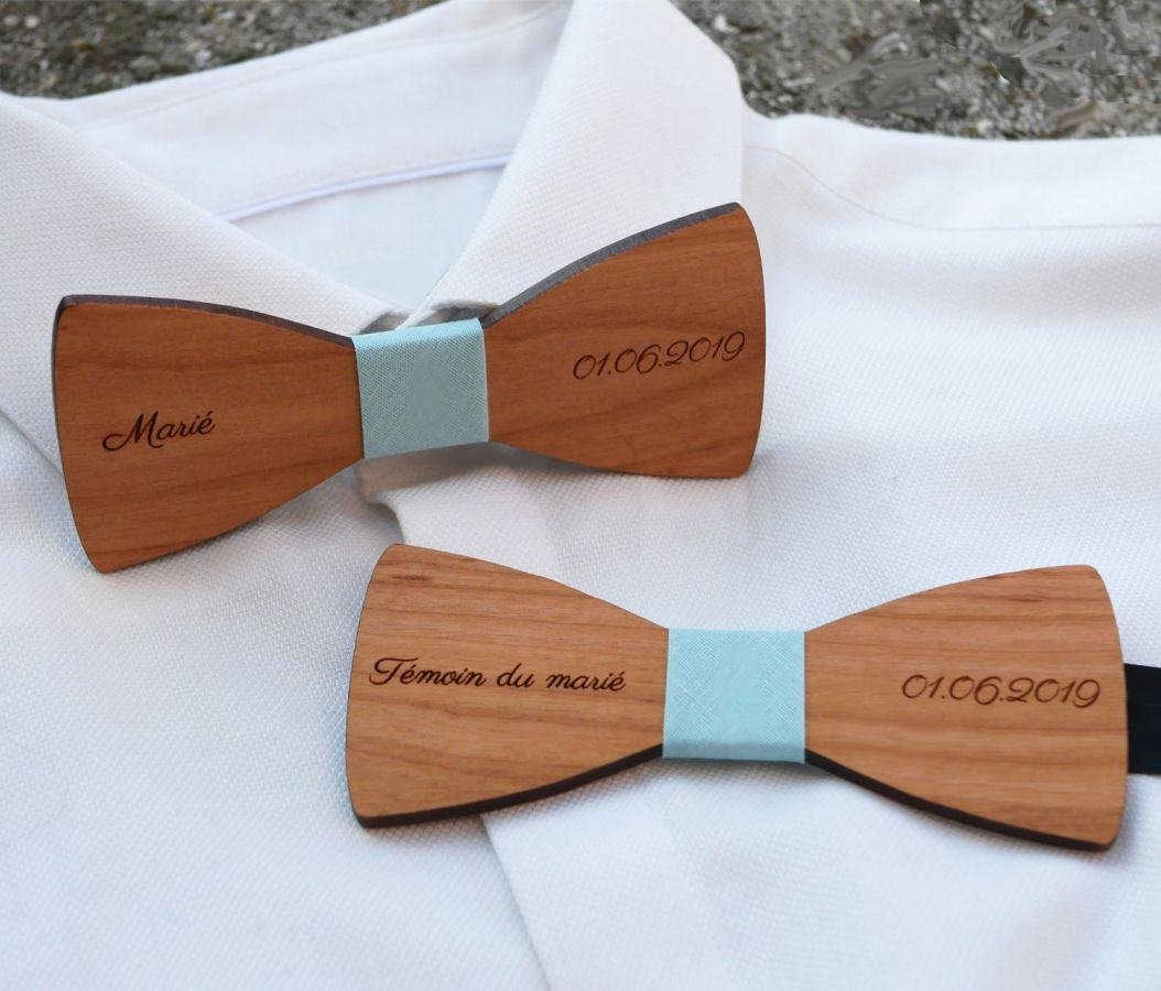 Wooden bow tie cherry wood oiled linen to be personalized made in France