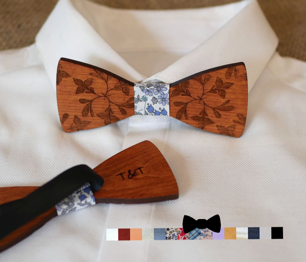 Wooden bow tie engraved with large flowers to personalize