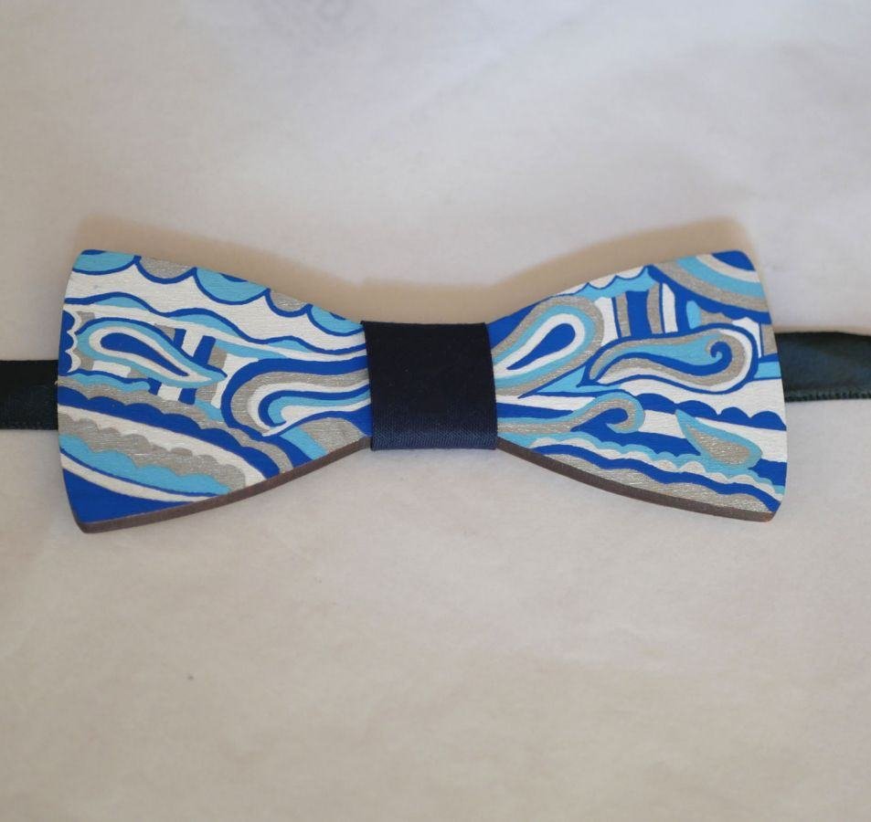 Hippie chic blue silver painted wood bow tie, a unique handmade creation