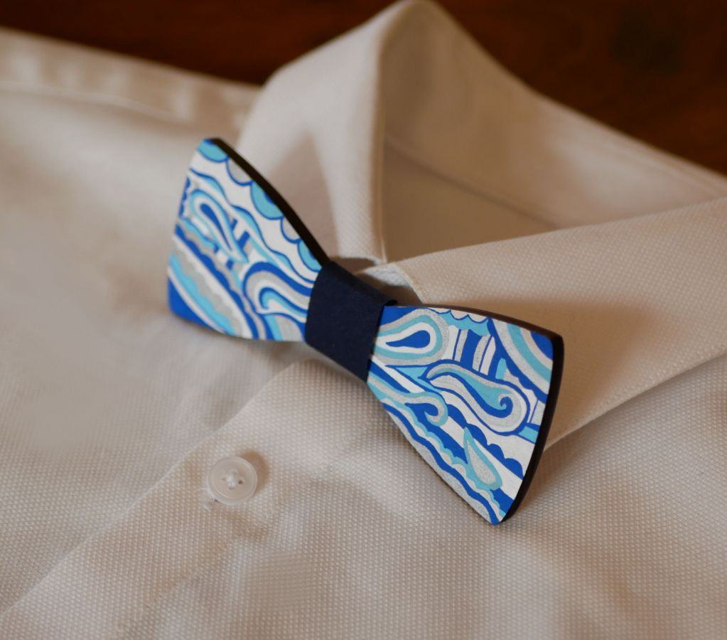 Hippie chic blue silver painted wood bow tie, a unique handmade creation