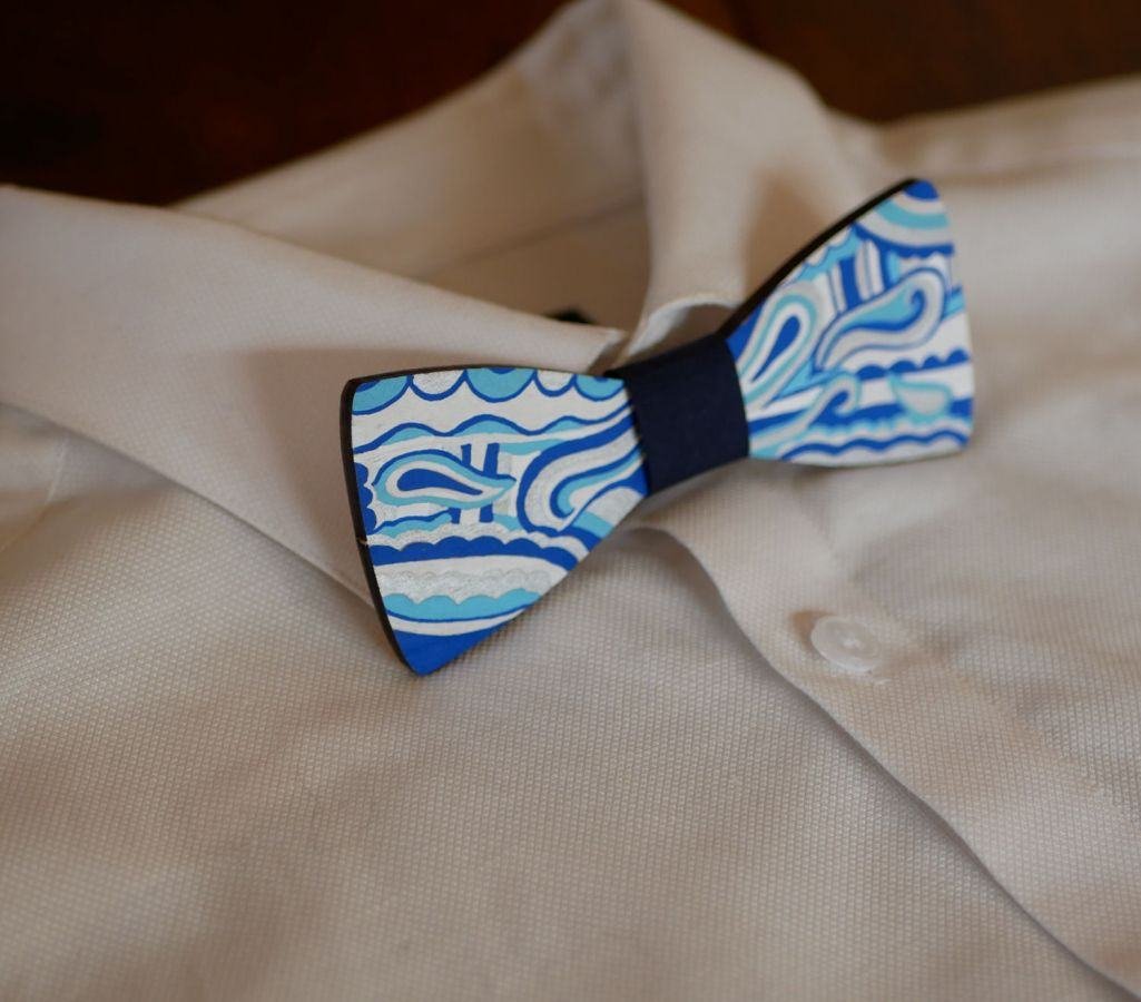 Hippie chic blue silver painted wood bow tie, a unique handmade creation