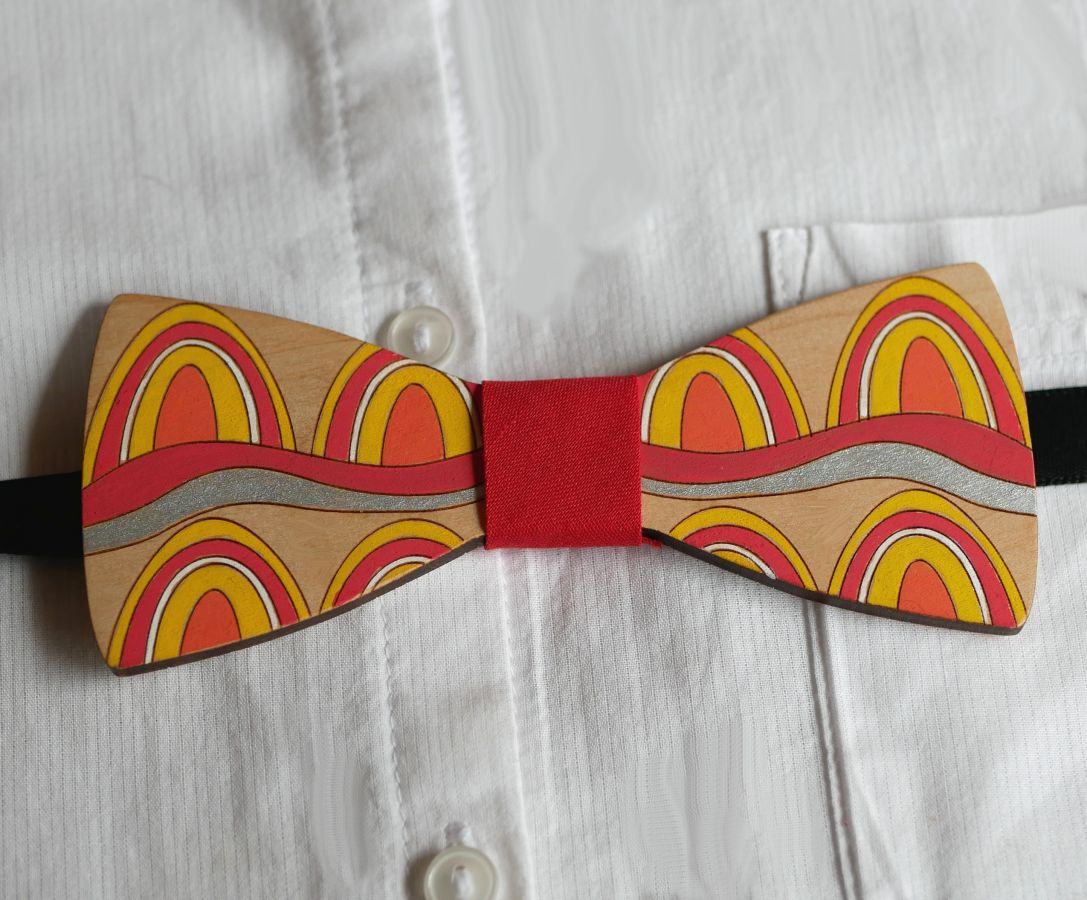 Painted wooden bow tie Seventies style unique handmade creation