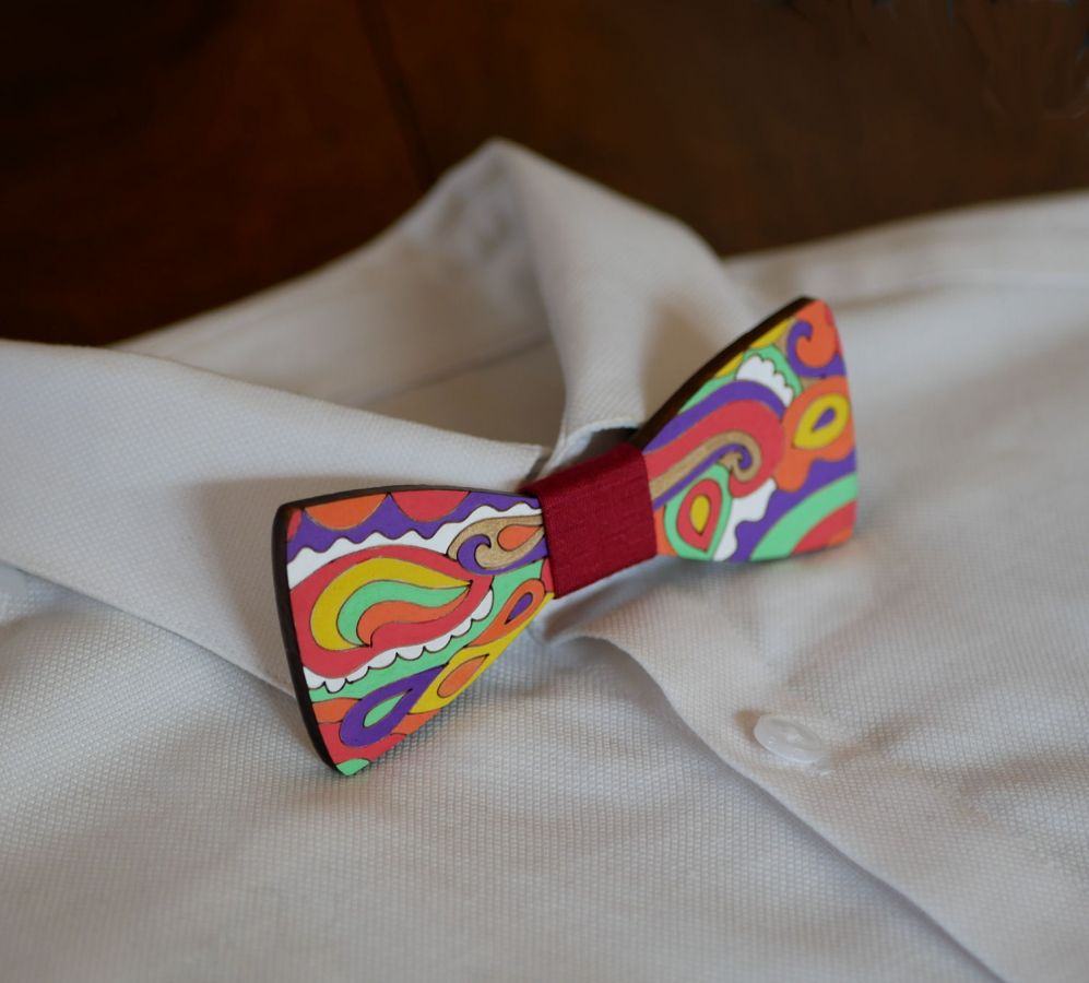 Hippie chic painted wood bow tie