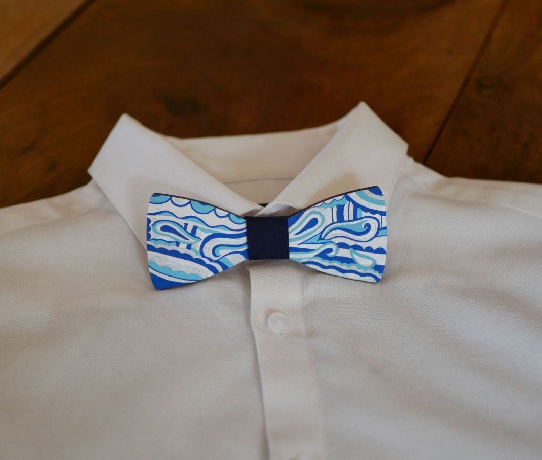 Hippie chic blue silver painted wood bow tie, a unique handmade creation