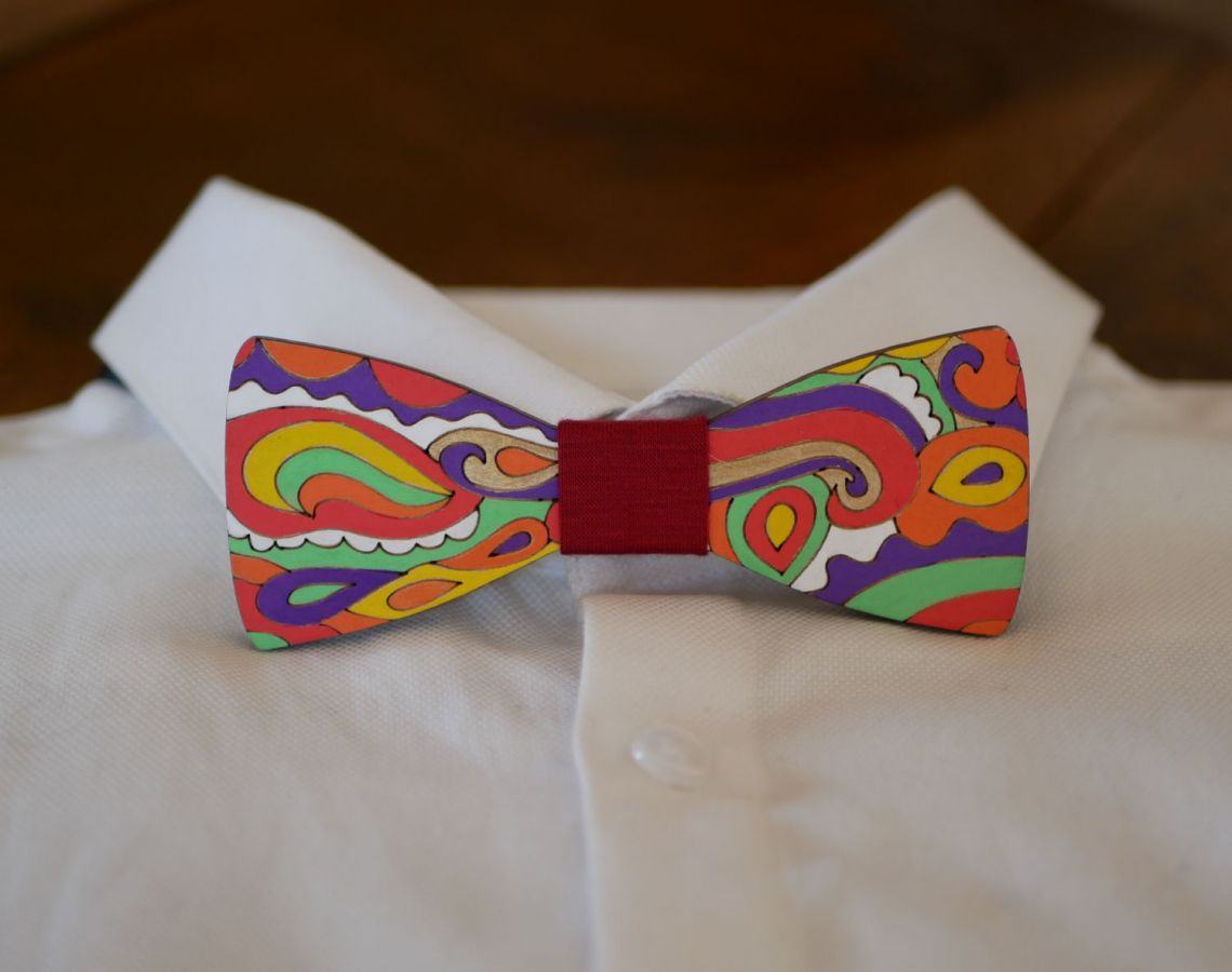 Hippie chic painted wood bow tie