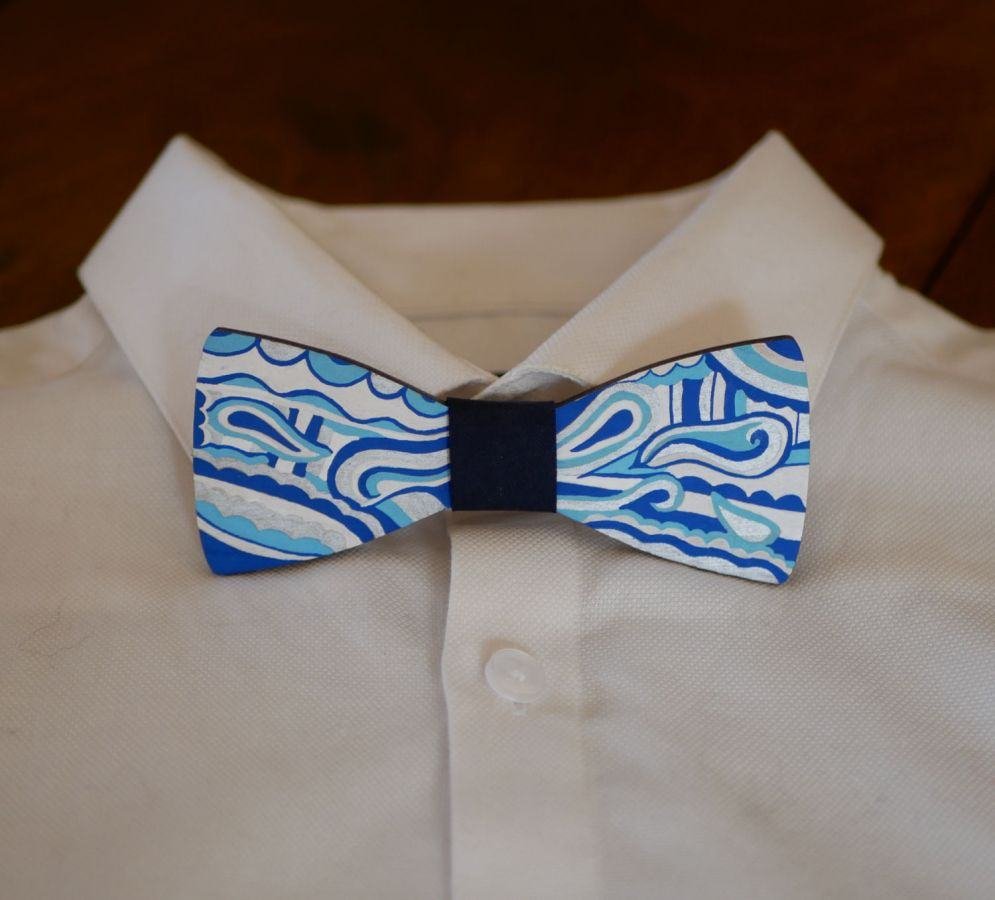 Hippie chic blue silver painted wood bow tie, a unique handmade creation