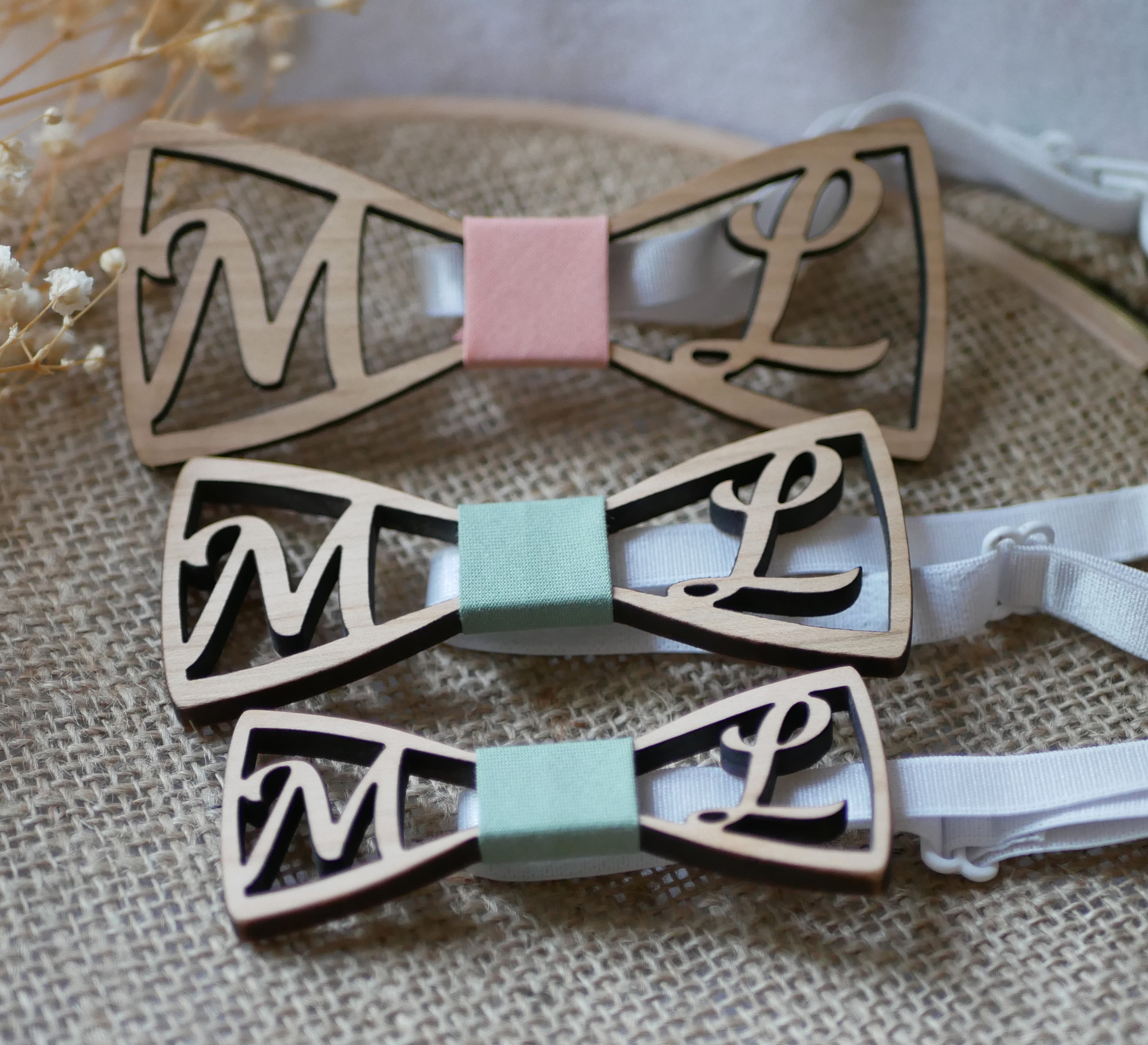 Wooden bow tie personalized with 2 initials for children