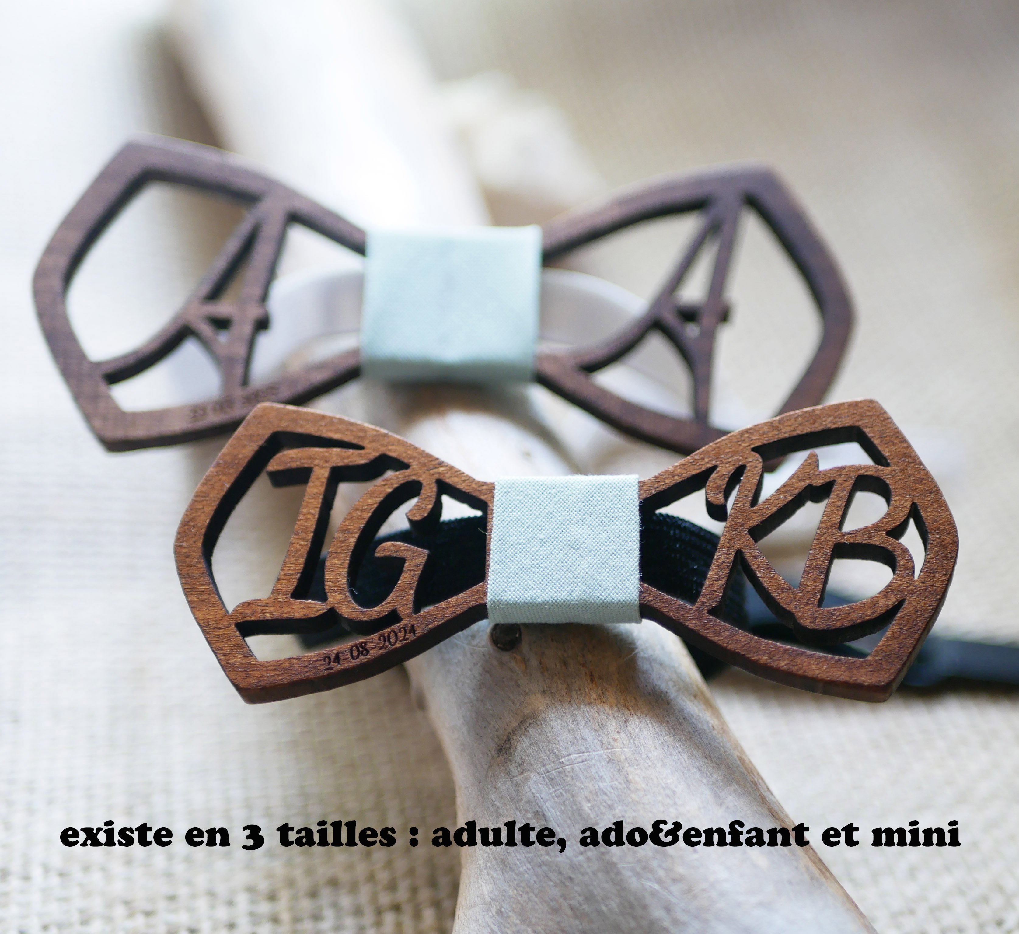 Le Rabl&eacute; wooden bow tie personalized double initials