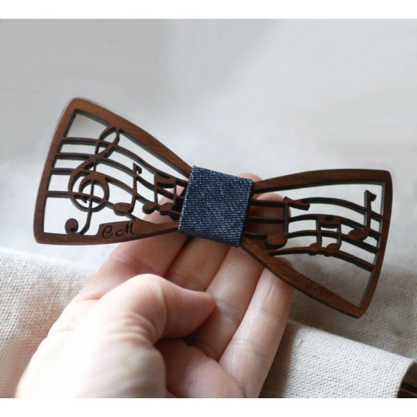 Wooden bow tie with music theme, score and treble clef, customizable