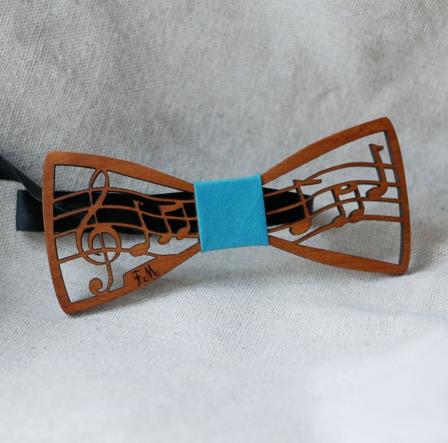 Wooden bow tie with music theme, score and treble clef, customizable