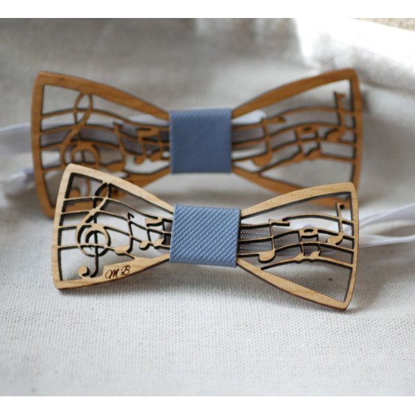 Wooden bow tie with music theme, score and treble clef, customizable