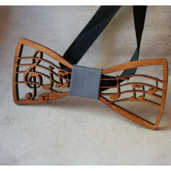 Wooden bow tie with music theme, score and treble clef, customizable