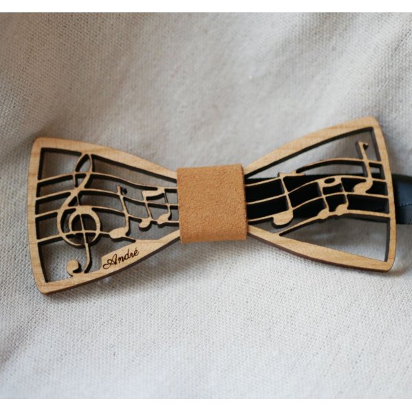 Wooden bow tie with music theme, score and treble clef, customizable