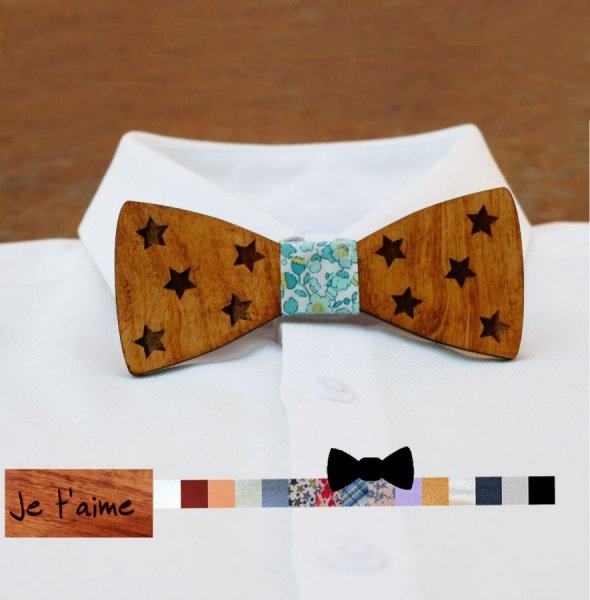 Wooden bow tie with stars to personalize made in France