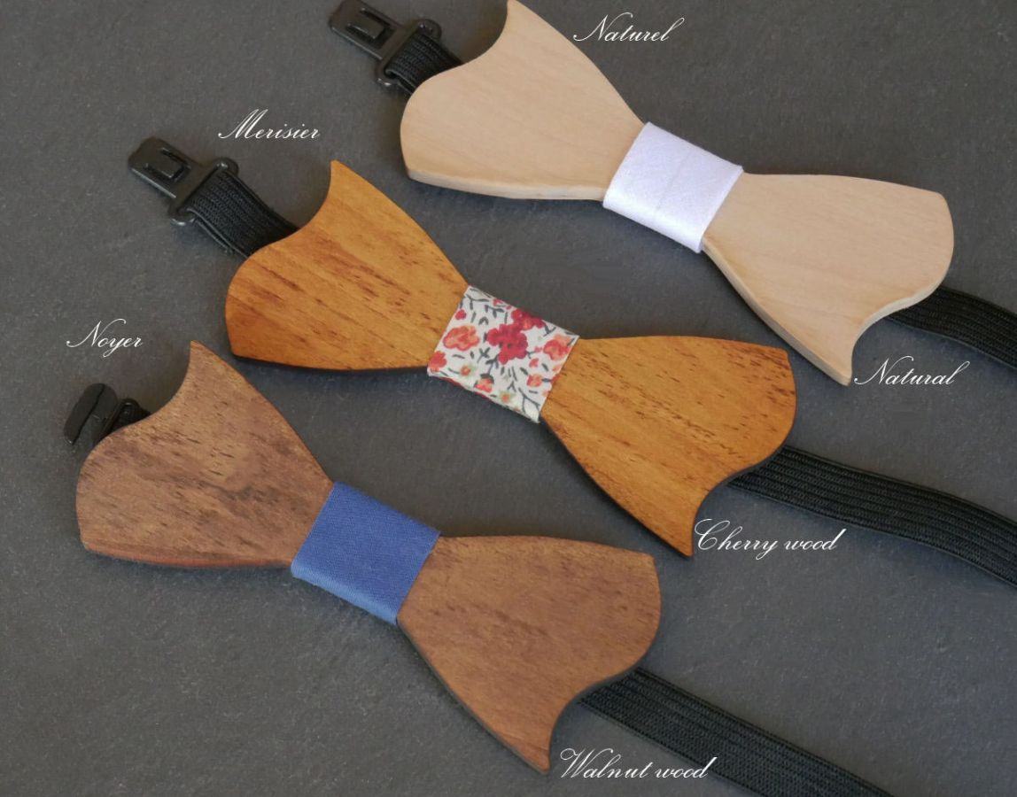 Asymmetrical cherry wood bow tie for children to personalize