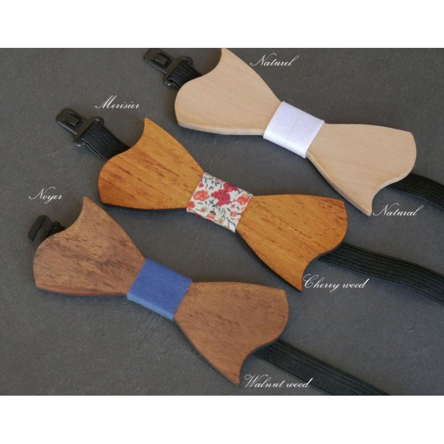 Asymmetrical cherry wood bow tie for children to personalize