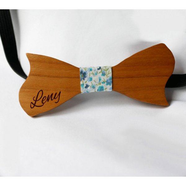Asymmetrical cherry wood bow tie for children to personalize