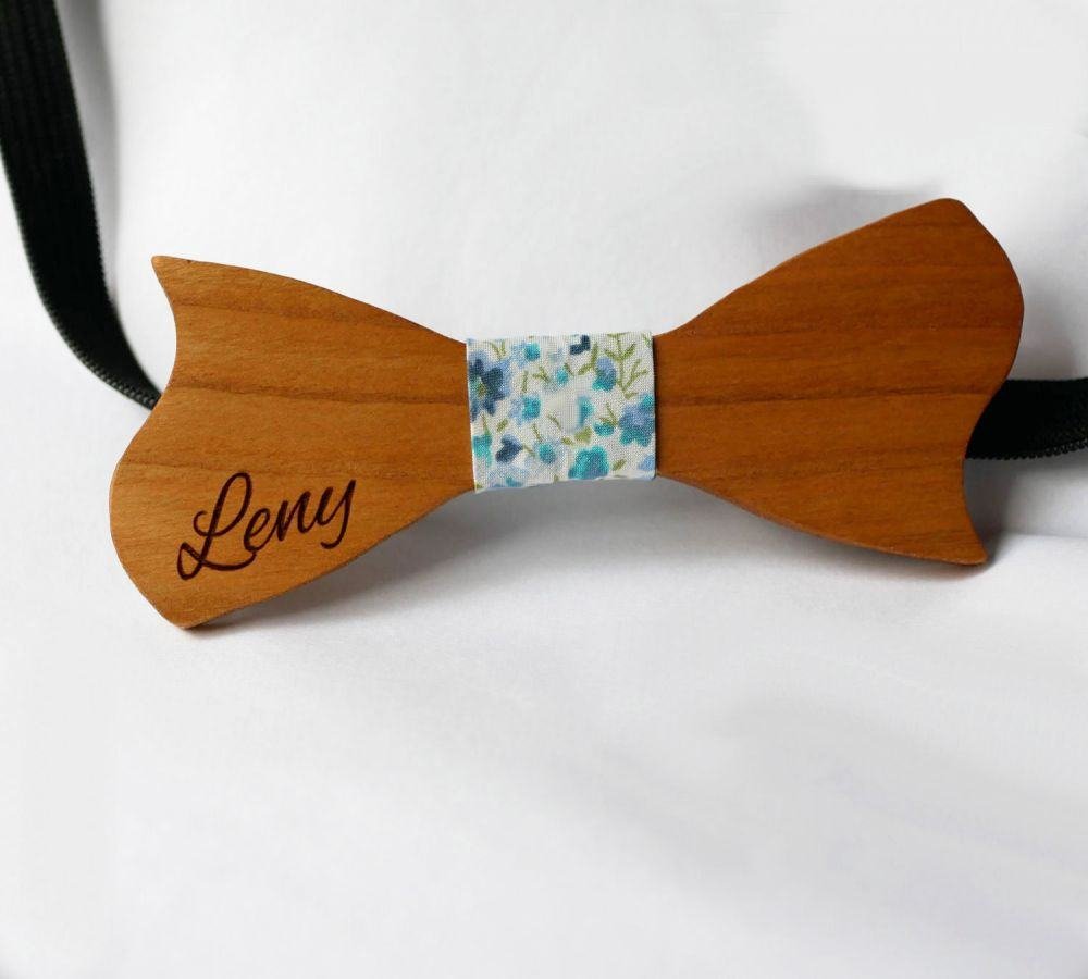 Asymmetrical cherry wood bow tie for children to personalize