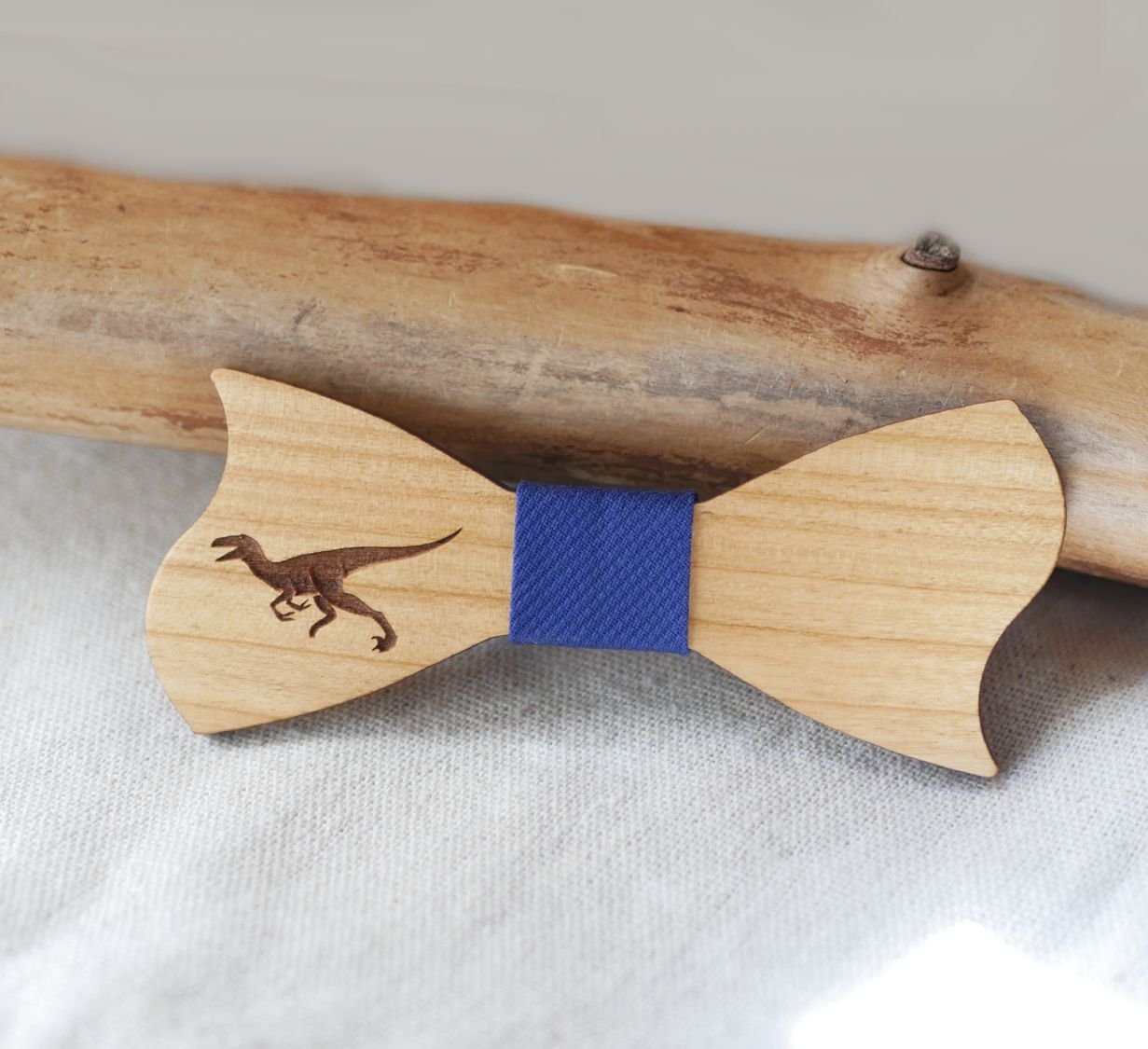 Asymmetrical cherry wood bow tie for children to personalize