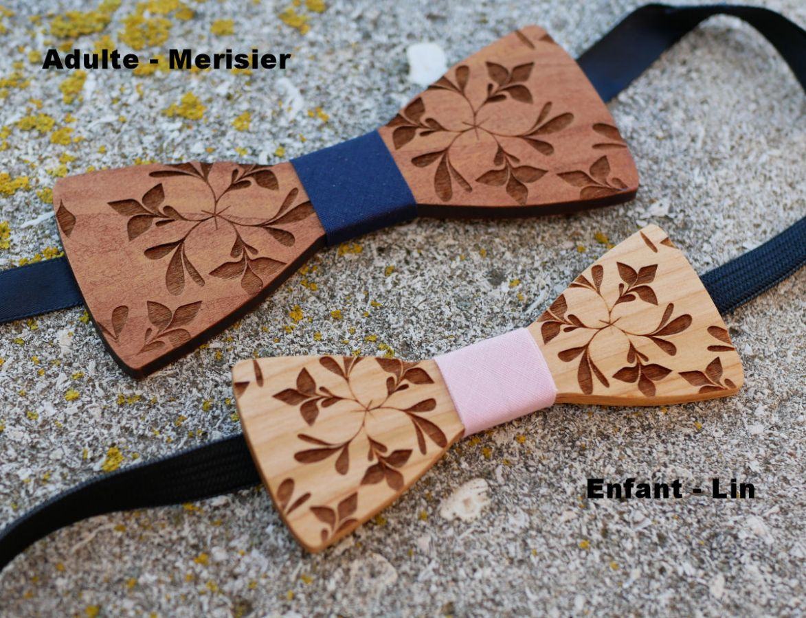 Wooden bow tie for children engraved with flowers to be personalized with the men's model