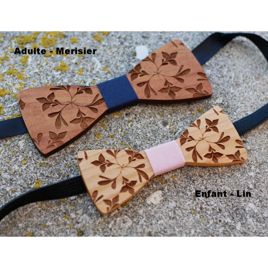 Wooden bow tie for children engraved with flowers to be personalized with the men's model