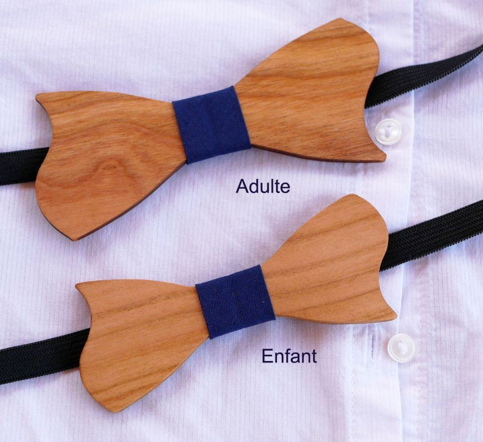 Asymmetrical cherry wood bow tie for children to personalize