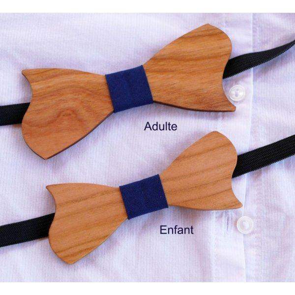Asymmetrical cherry wood bow tie for children to personalize