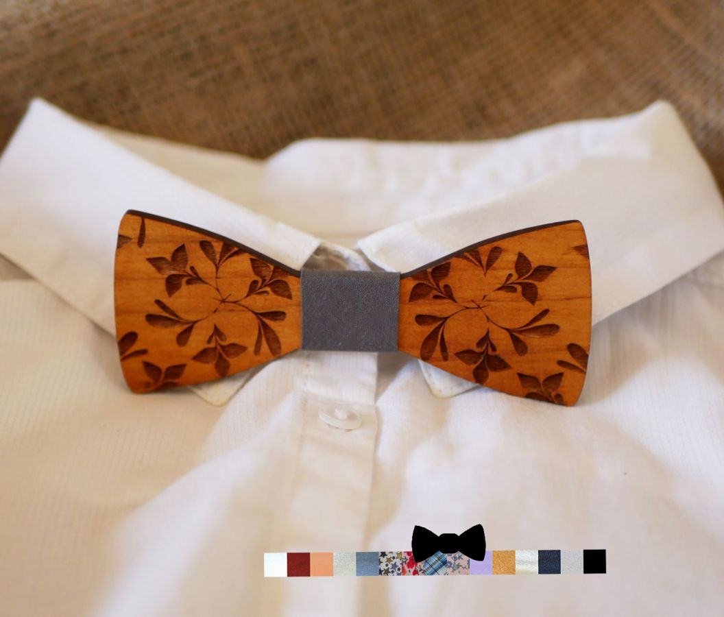 Wooden bow tie for children engraved with flowers to be personalized with the men's model