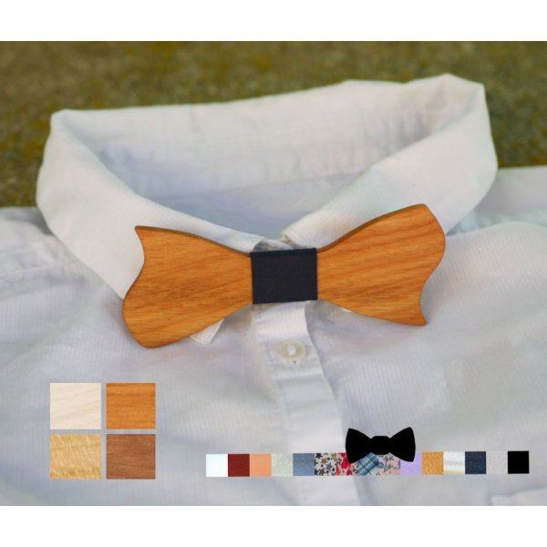 Asymmetrical cherry wood bow tie for children to personalize