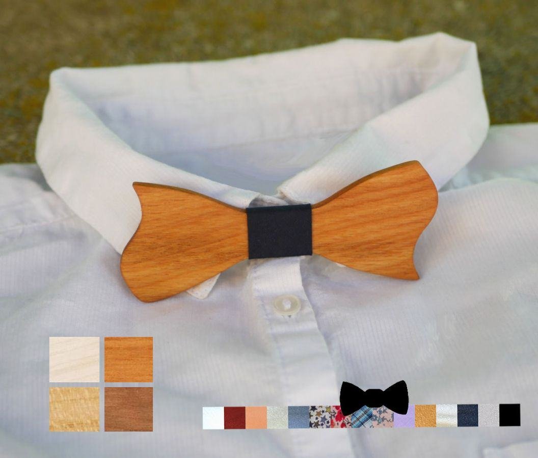 Asymmetrical cherry wood bow tie for children to personalize