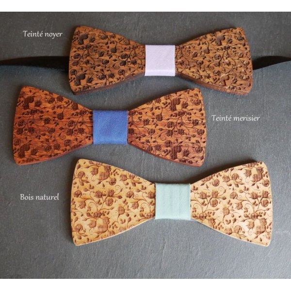Bow tie in cherry wood small engraved flowers to personalize by engraving on the back made in France